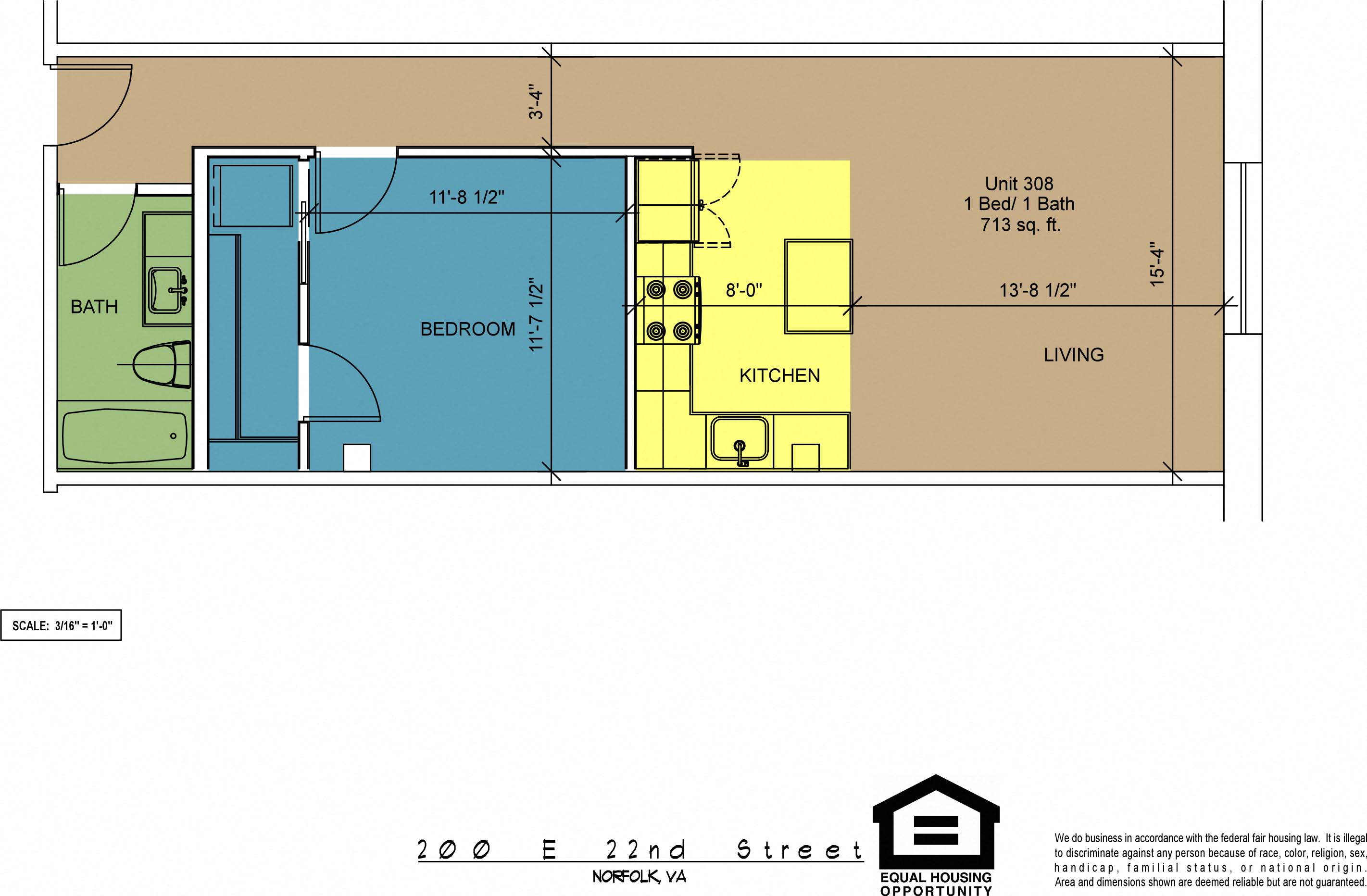 Floor plan for 1 bed, 1 bath, 713 sqft